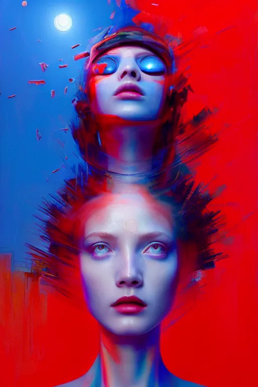 Image similar to 3 d, sci - fi, morning, happy fashion model face, sun, lightning clouds, vogue cover style, light red and deep blue mood, cinematic, realistic painting, intricate oil painting, high detail, figurative art, multiple exposure, poster art, 3 d, by stanley kubrick and tooth wu and wlop and beeple and greg rutkowski