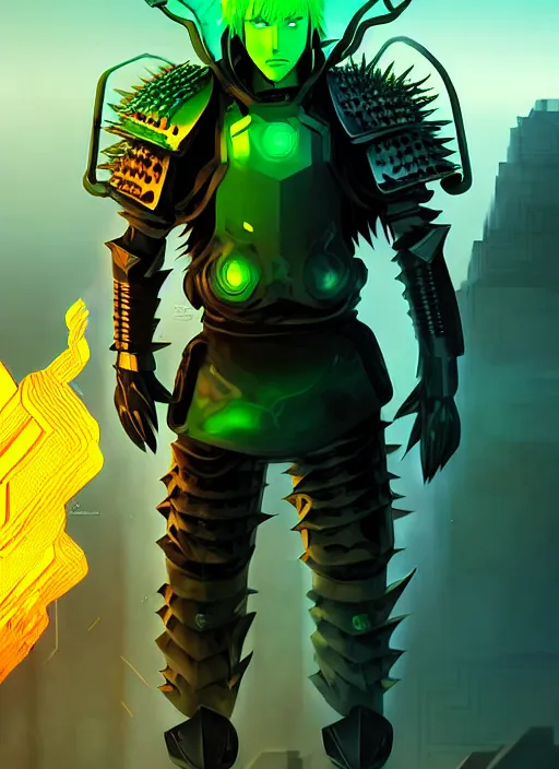 Image similar to a striking cinematic full body manga portrait of a male warrior with long blonde hair and blue eyes wearing evil green spiked cyberpunk armour and standing in the desolate burning ruins of a futuristic city by hirohiko araki and beeple, fine details, digital art, character concept art, volumetric lighting, cinematic light, photorealistic