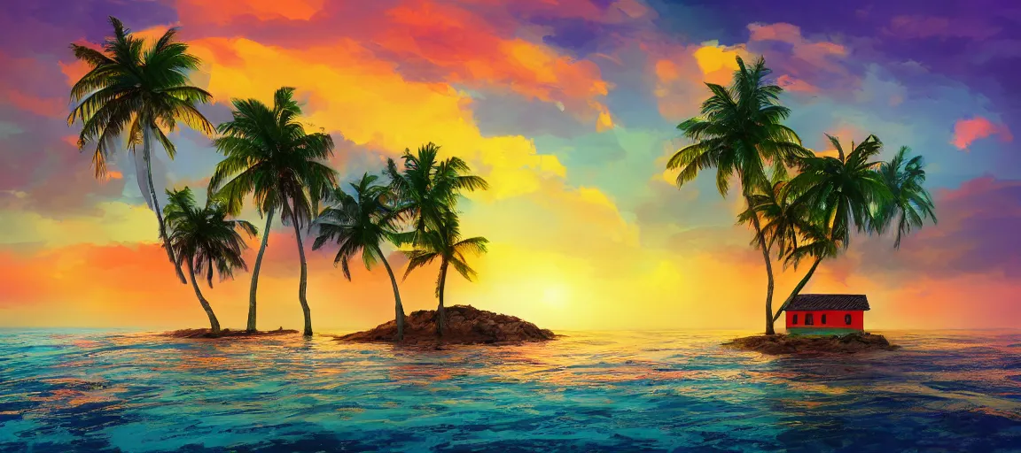 Image similar to small house on a tiny island in the middle of the ocean, sandy beach surrounding the island, (((colorful clouds))), sunset, palm trees, digital art, artstation