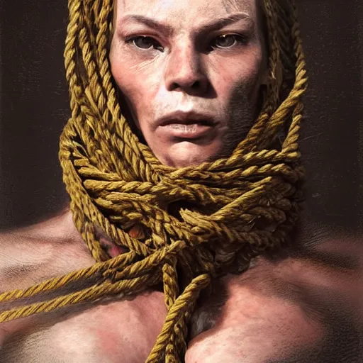 Image similar to portrait of a Shibari rope wrapped face and neck, headshot, insanely nice professional hair style, dramatic hair color, digital painting, of a old 17th century, old cyborg merchant, amber jewels, baroque, ornate clothing, scifi, realistic, hyperdetailed, chiaroscuro, concept art, art by Franz Hals and Jon Foster and Ayami Kojima and Amano and Karol Bak,