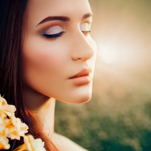 Image similar to portrait of a beautiful women, close up, matte paint, elegant flowers all around her, angelic, golden hour