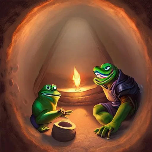 Image similar to D&D, a group of pepe digging in a tunnel by torchlight, artwork by Artgerm, Don Bluth