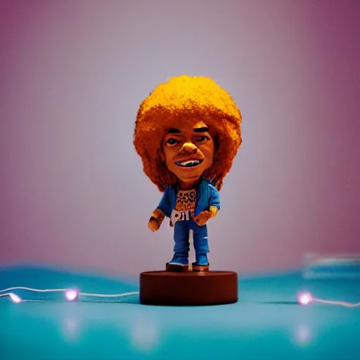 Prompt: close up of photo of Jimmy Hendrix bobble head on table top with fairy lights in the background, expired film, thin dof, soft lighting, realistic, swirly bokeh