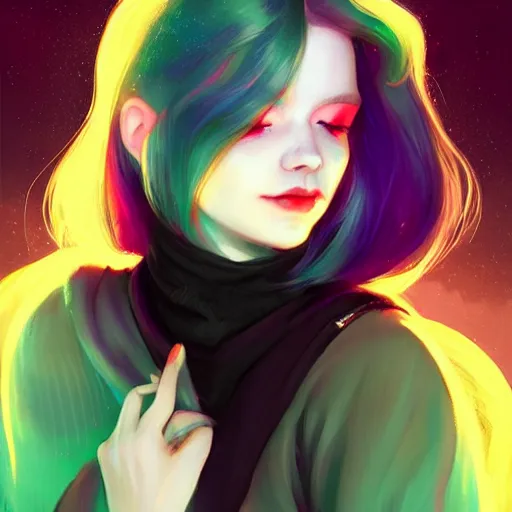 Image similar to a nonbinary changeling with a starry cloak, aurora colored hair, curious expression, character art, full body art, trending on artstation, artgerm, 4k ultra hd, sharp focus, digital art by Ilya Kuvshinov and Ross Tran,