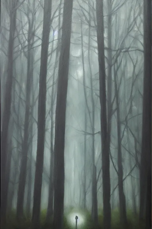 Prompt: dark haunted woods. pan's labyrinth style, atmospheric, foggy, oil painting on canvas. fairytale