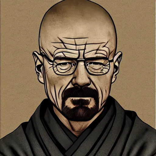 Image similar to walter white from breaking bad wearing samurai armor in feudal japan, 4 k, hyper realistic, ink block painting