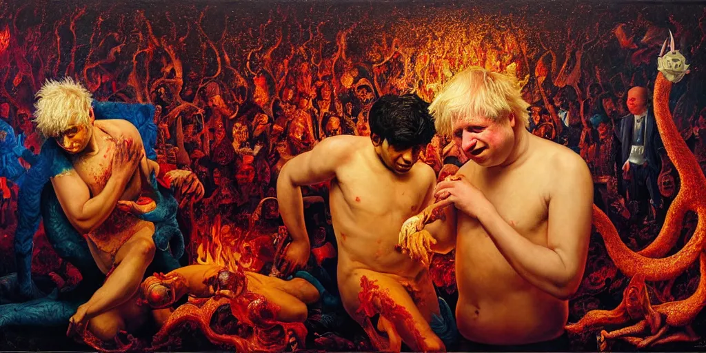 Prompt: rishi sunak and boris johnson in hell, abstract oil painting by gottfried helnwein pablo amaringo raqib shaw zeiss lens sharp focus high contrast chiaroscuro gold complex intricate bejeweled