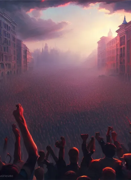 Image similar to painting of a crowd with raised arms pointing towardб demonstration, cinematic view, epic sky, detailed, concept art, low angle, high detail, warm lighting, volumetric, godrays, vivid, beautiful, trending on artstation, by jordan grimmer, huge scene, art greg rutkowski