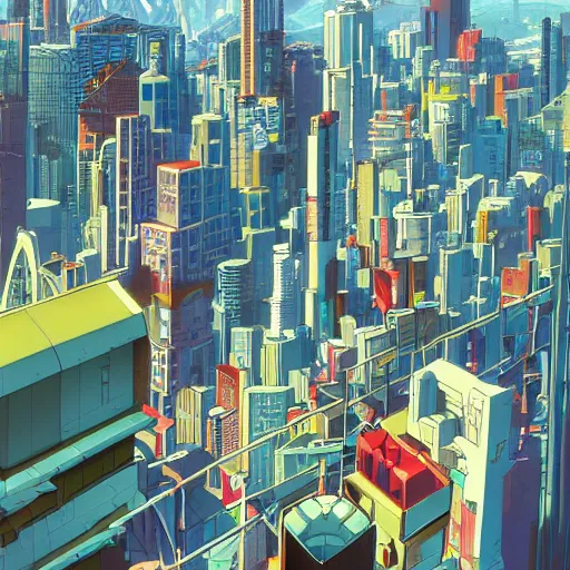 Image similar to futuristic city on a mountainside, red - yellow - blue buildings, city, cel - shaded, raytracing, cel - shading, toon - shading, 2 0 0 1 anime, flcl, jet set radio future, drawn by artgerm