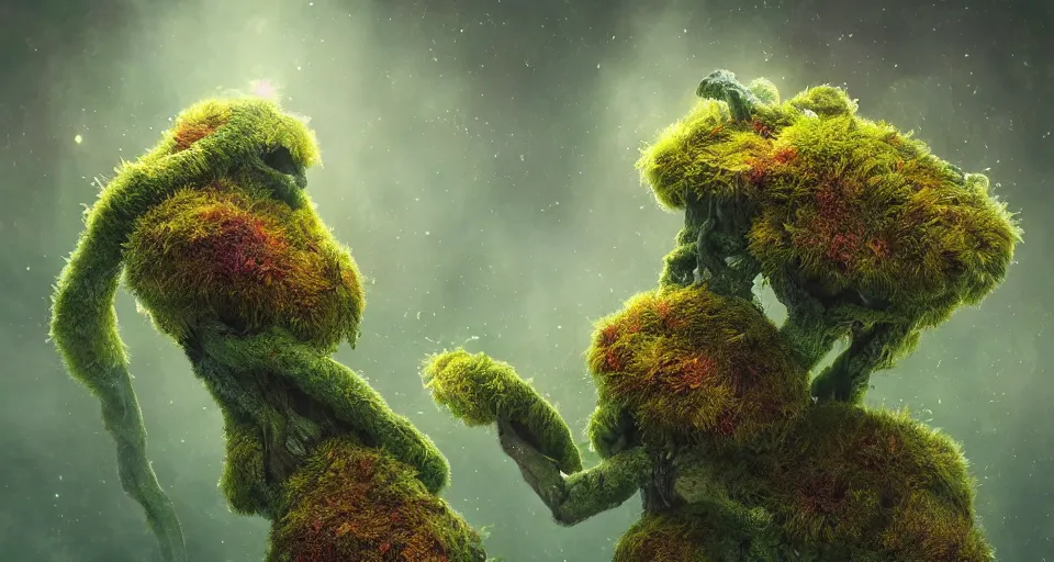 Image similar to a beautiful macro photography of moss with alien fungus, hyperdetailed, warm volumetric lights, made by gerald brom and mike winkelmann