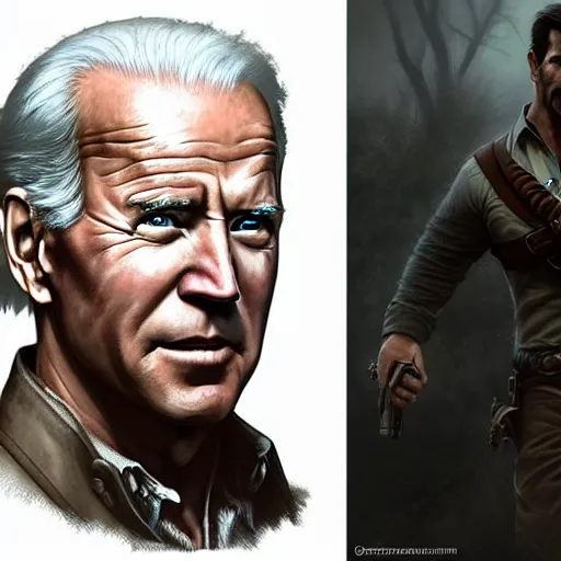 Image similar to Joe Biden face in the role of Nathan Drake, western, D&D, fantasy, intricate, elegant, highly detailed, digital painting, artstation, concept art, matte, sharp focus, illustration, art by Artgerm and Greg Rutkowski and Alphonse Mucha