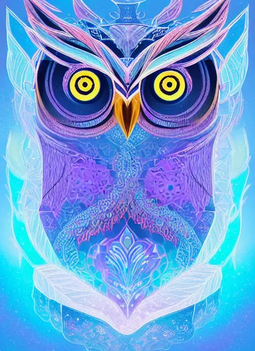 Image similar to symmetry!! product render poster vivid colors divine proportion owl, ice and snow, glowing fog intricate, elegant, highly detailed, digital painting, artstation, concept art, smooth, sharp focus, illustration,