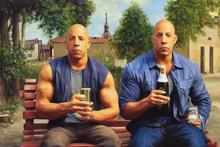 Prompt: vin diesel sits on a bench with a bottle of beer in the courtyard of a provincial russian town, oil on canvas, naturalism