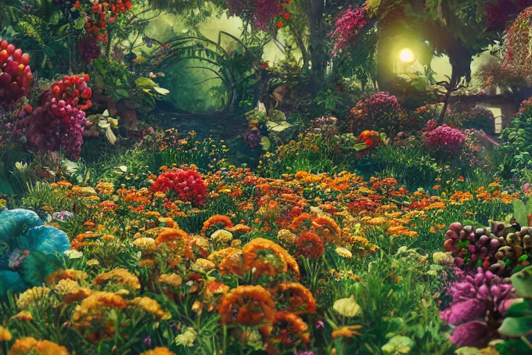 Image similar to super detailed color art, a lot of small garden flowers, A multiverse of berries, unreal engine, wes anderson color palette, 3d render, colorful, digital art