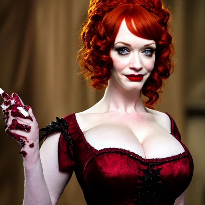 Image similar to full body photograph of christina hendricks as a vampire queen. Extremely detailed. 8k