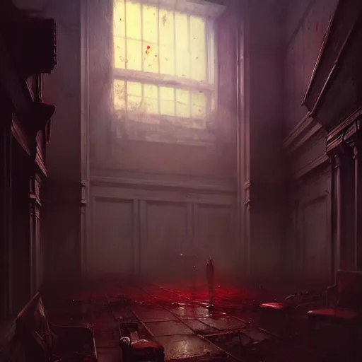 Image similar to psychiatric asylum, blood stains on the wall, horror scene, eerie atmosphere, by greg rutkowski and gaston bussiere, fluorescent lighting, beautiful volumetric - lighting - style atmosphere, futuristic atmosphere, intricate, detailed, photorealistic imagery, artstation