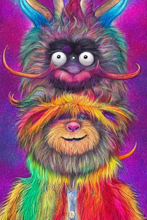 Image similar to a multicolored furry monster with a fuzzy horns, a character portrait by jim henson, behance contest winner, psychedelic art, behance hd, irridescent, colorful, centered, matte background
