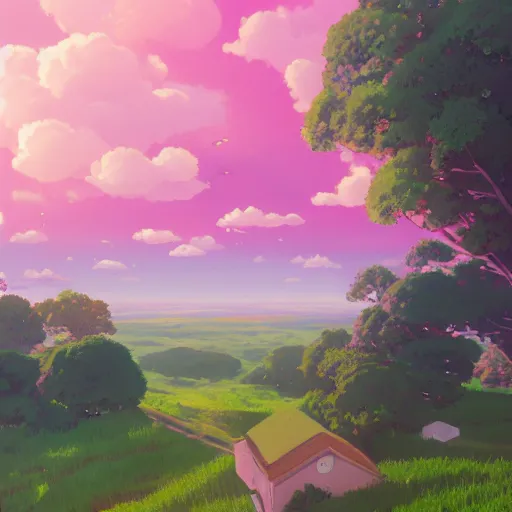 Image similar to a pink house in the sky, clouds, lush, studio ghibli, sylvain sarrailh, cinematic light, majestic, concept art, volumetric lighting, magic atmospheric, 8 k, wide angle, epic composition, award winning, artstation