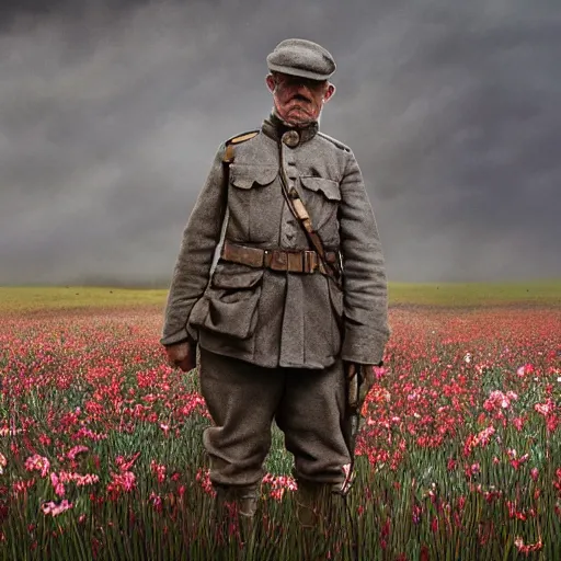 Image similar to A WWI veteran, tired, melancholic, in a field of flowers, photorealistic, detailed, 8K