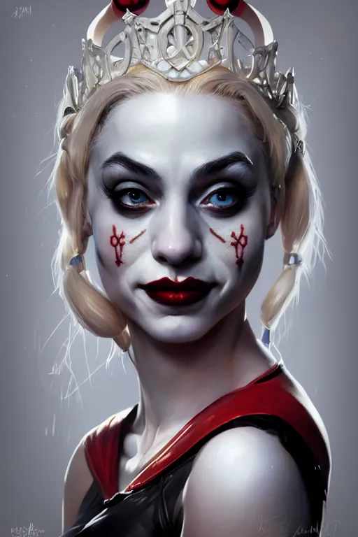 Image similar to highly detailed portrait of an elegant harley quinn, ornate crown, beautiful symmetrical face, glowing skin, digital painting, artstation, concept art, smooth, clear focus, illustration, greg rutkowski, artgerm, global lighting, detailed and fantasy