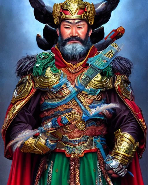 Image similar to guan yu as a superhero portrait | highly detailed | very intricate | symmetrical | whimsical and magical | soft cinematic lighting | award - winning | closeup portrait | doll | painted by donato giancola and mandy jurgens and ross tran | pastel color palette | featured on artstation