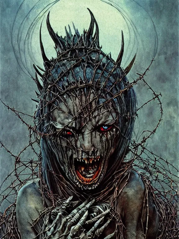 Image similar to A creepy armored horned fanged demon woman with blue scarred skin wrapped in barbed wire. Extremely high detail, realistic, fantasy art, solo, bones, masterpiece, saturated colors, tangled, ripped flesh, art by Zdzisław Beksiński, Arthur Rackham, Dariusz Zawadzki