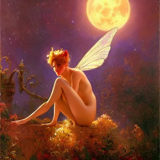 Image similar to attractive fairy magically floating high in the night, fantasy, full moon in background. highly detailed painting by gaston bussiere, craig mullins, j. c. leyendecker, sharp focus, 8 k