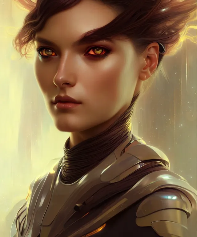Prompt: futuristic young woman portrait, sci-fi, amber eyes, face, long hair, fantasy, intricate, elegant, highly detailed, digital painting, artstation, concept art, smooth, sharp focus, illustration, art by artgerm and greg rutkowski and alphonse mucha
