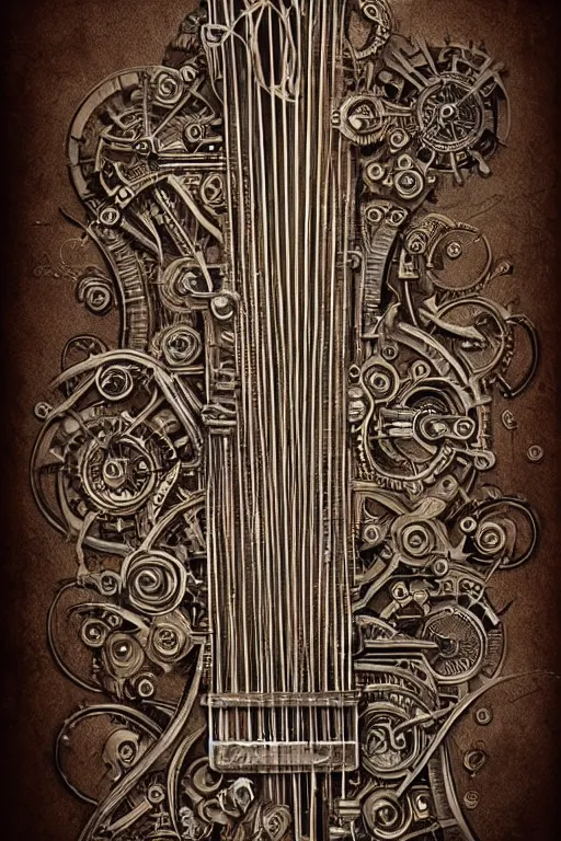 Image similar to an artistic representation of a fretboard, steampunk, intricate details