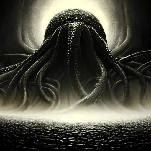 Image similar to Vicariously I, live while the whole world dies, ultra realist soft painting of the world of Lovecraft Elden Ring and Giger, gigantic oily tentacles and eyes, very intricate details, ultra dense fog, golden ratio, volumetric black and white lighting, reflections, refractions, symmetry accurate anatomy features, octane render