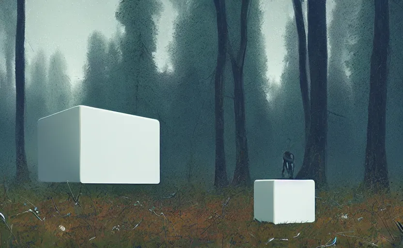 Image similar to a white metallic cube on the ground in the forest, realistic sci-fi painting by simon stålenhag, digital art, trending on artstation