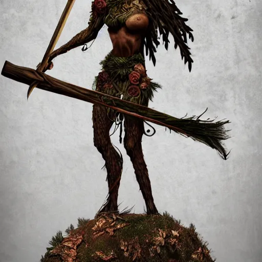 Prompt: a dryad knight made of wood weilding a giant club, dnd in a dark forest, digital art, high quality render, artstation, 8 k, photograph quality, ultrahd, in the style of dungeons and dragons