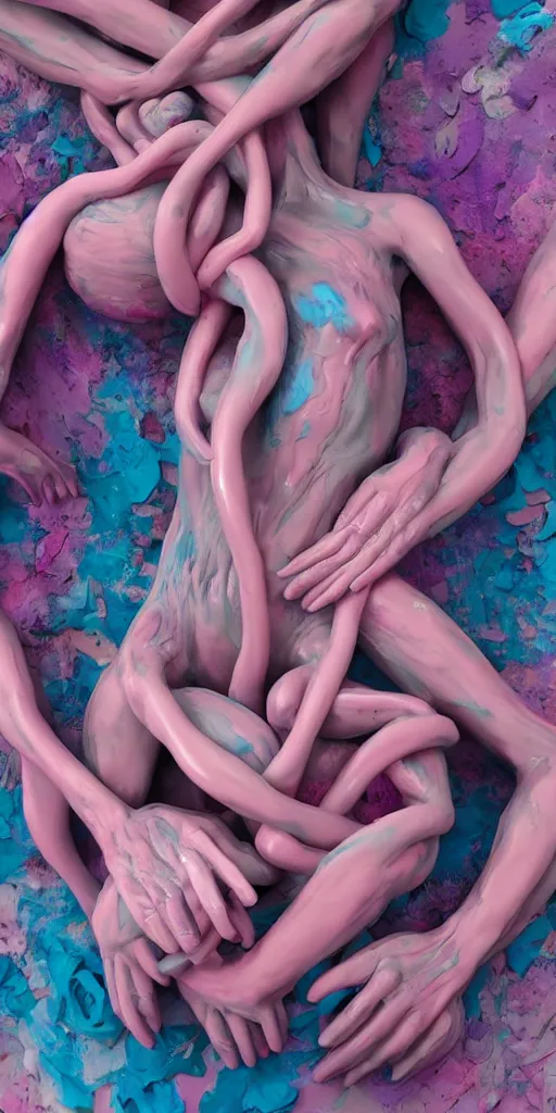 Image similar to closeup photograph of a surrealist sculpture human bodies intertwined, a lovely cornucopia of flowers and human body parts, body parts, paint pour, swirling paint, pink blue and purple color scheme, muted color palette, skin tones, highly detailed, octane render, cinematic