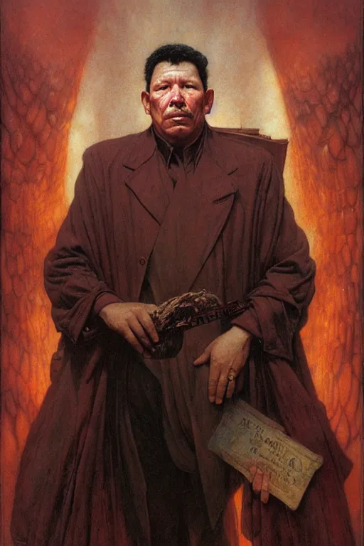 Image similar to a portrait of chavez by wayne barlowe, gustav moreau, goward,  Gaston Bussiere and roberto ferri, santiago caruso, and austin osman spare, occult art