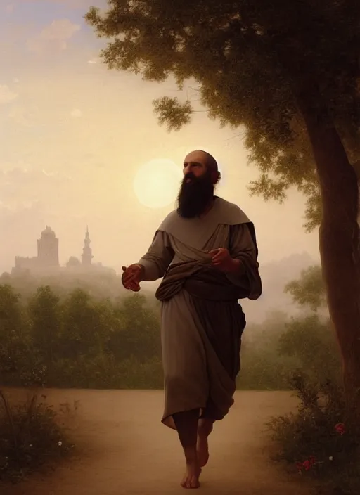 Image similar to oil painting portrait of a dominican monk with a long beard in a white and brown habit, striding dancing through a flourishing garden at sunset with a monastery in the background, hazy, digital art, chiaroscuro, artstation, cinematic, golden hour, digital art painting by greg rutkowski, william - adolphe bouguereau, hazy atmosphere, flowers, cinematic lighting