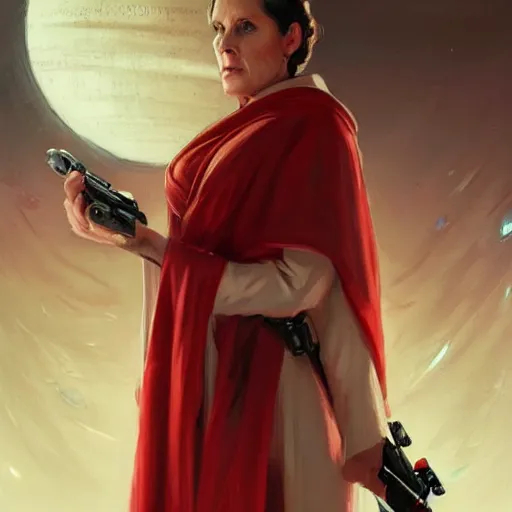 Prompt: portrait of a woman by Greg Rutkowski, Leia Organa as a Senator of the Galactic Alliance, she is about 70 years old, wearing red and white robes, Star Wars Expanded Universe, highly detailed portrait, digital painting, artstation, concept art, smooth, sharp foccus ilustration, Artstation HQ