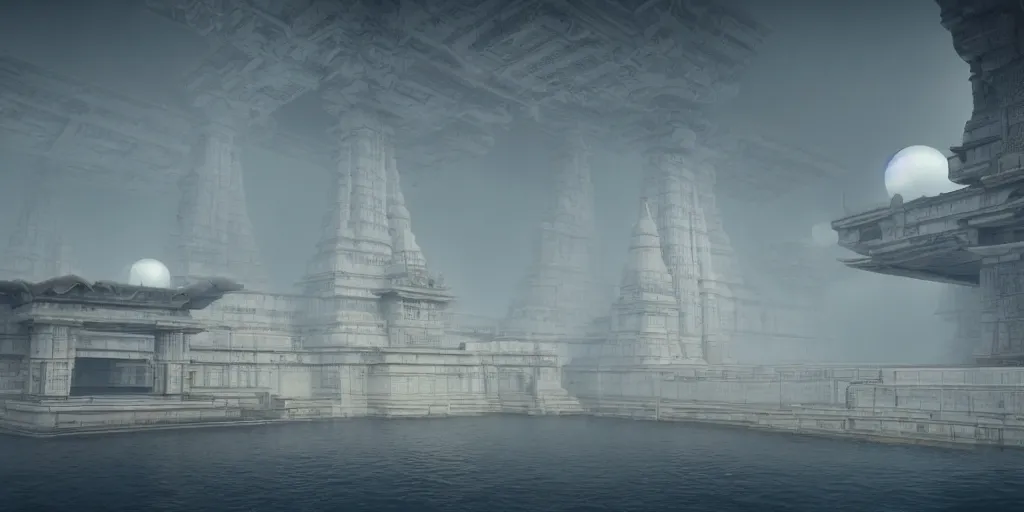 Prompt: futuristic floating sci fi cult temple made out of hindu temple like promotheus, foggy sky, around photorealism, unreal engine, 8 k, volumetric lighting, beeple style