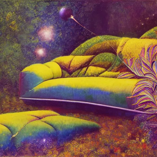 Image similar to psychedelic couch sofa in the lush forest, milky way, designed by arnold bocklin, jules bastien - lepage, tarsila do amaral, wayne barlowe and gustave baumann, cheval michael, trending on artstation, mediterranean, star, sharp focus, colorful refracted sparkles and lines, soft light, 8 k 4 k