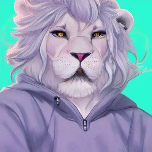 Image similar to aesthetic portrait commission of a albino male furry anthro lion under a lavender bubble filled while wearing a cute mint colored cozy soft pastel winter outfit with pearls on it, winter atmosphere. character design by artgerm, and makoto shinkai, detailed, inked, western comic book art, 2 0 2 0 award winning painting