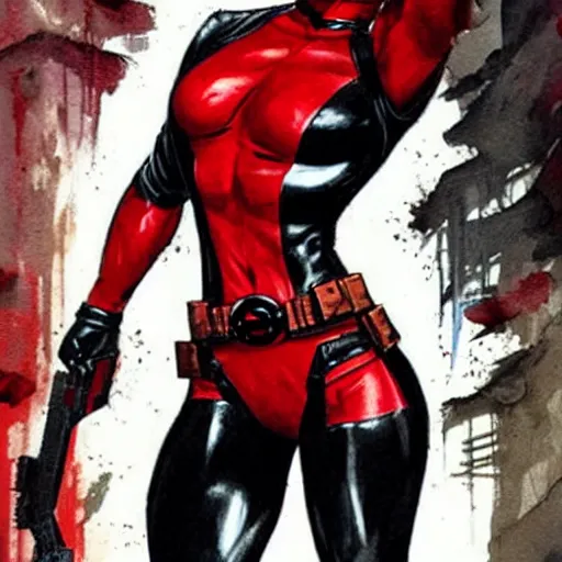 Prompt: Lucy Liu as Deadpool full body concept art, by Simon Bisley