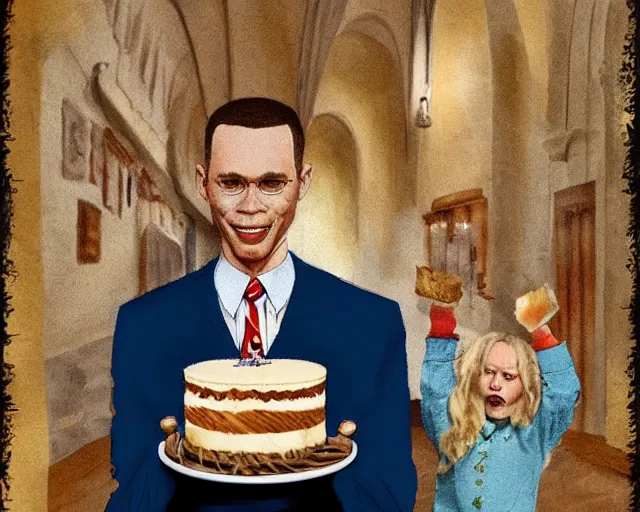 Prompt: Forrest gump eating a cake in hogwarts, digital art, highly detailed, in the style of David Villegas