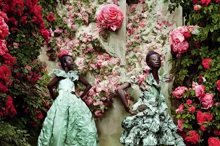 Prompt: Aamito Lagum wearing a haute couture outfit from Karl Lagerfeld, the scenery is a dense rose garden with Roman pillara and broken statues in white marble, muted colors, red and green, editorial photograph by Tim Walker