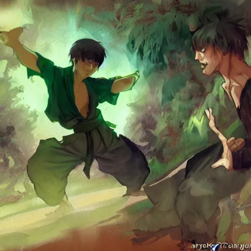 Image similar to Shaggy from Scooby Doo training at a martial arts dojo green theme, by krenz cushart and mucha and yoneyama mai and greg rutkowski