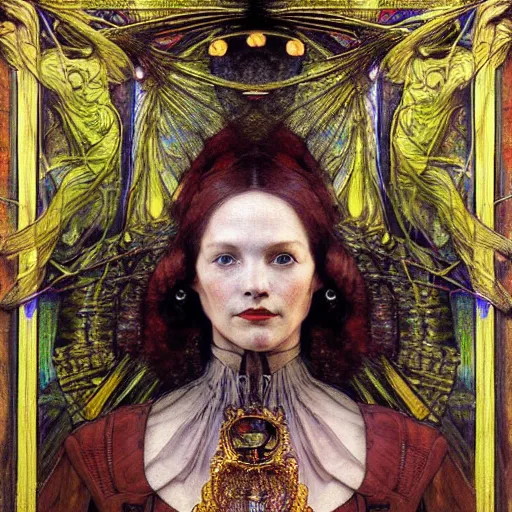 Image similar to renaissance portrait of an art deco machine priestess, reflective detailed textures, highly detailed fantasy science fiction painting by annie swynnerton and jean delville and moebius, norman rockwell and william holman hunt. modern industrial shaman, rich colors, high contrast. artstation