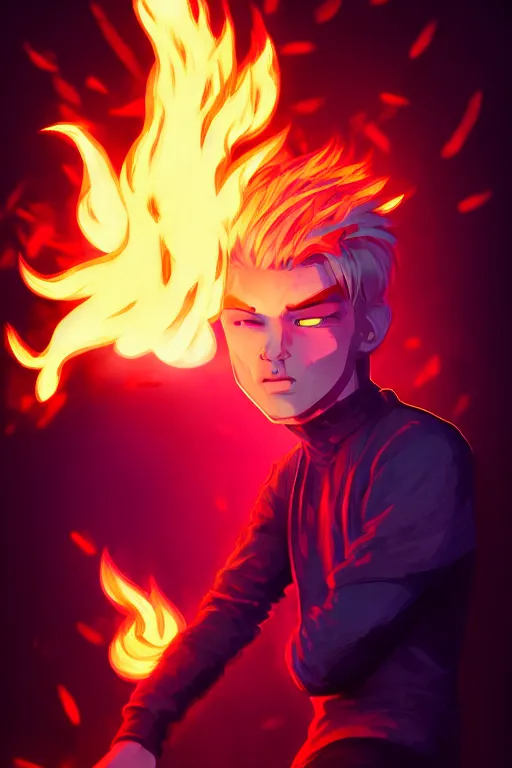 Image similar to character art by liam wong, young man, blonde hair, on fire, fire powers