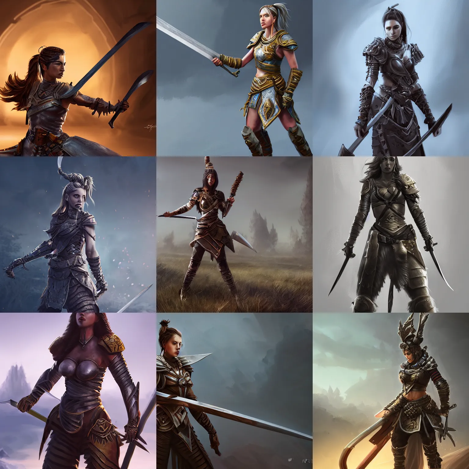 Prompt: Female warrior standing on a battlefield with a one-handed sword, highly detailed, 8k, Unreal Engine 5, elegant, gallant, ambient, digital painting, art station, concept art, smooth, sharp focus, illustration,