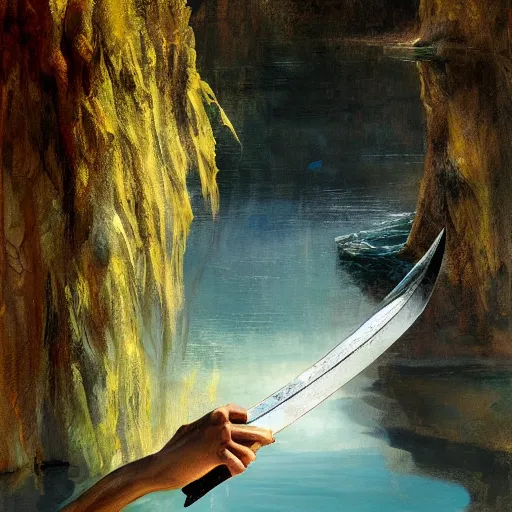 Image similar to a beautiful painting of a hand appearing from a lake holding a sword by james gurney, craig mullins