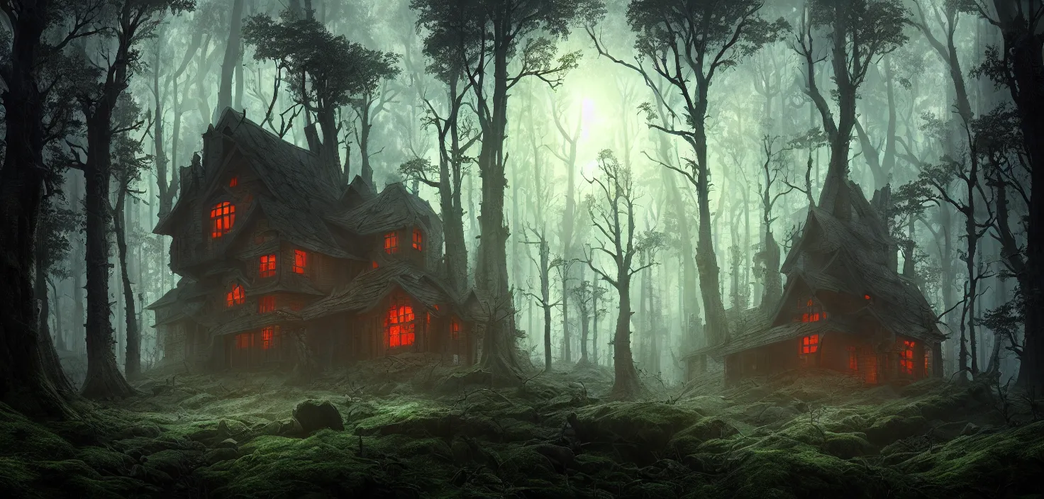 Image similar to random scary forest house landscape, incredible, vector art, octane render, fabulous, hyper detailed, random cinematic view, no noise, global illumination, warm lighting, volumetric, godrays, vivid, beautiful, by jordan grimmer