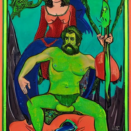 Prompt: by bill medcalf, by milo manara decorative neon green. a performance art of a mythological scene. large, bearded man seated on a throne, surrounded by sea creatures. he has a trident in one hand & a shield in the other. behind him is a large fish. in front of him are two smaller creatures.