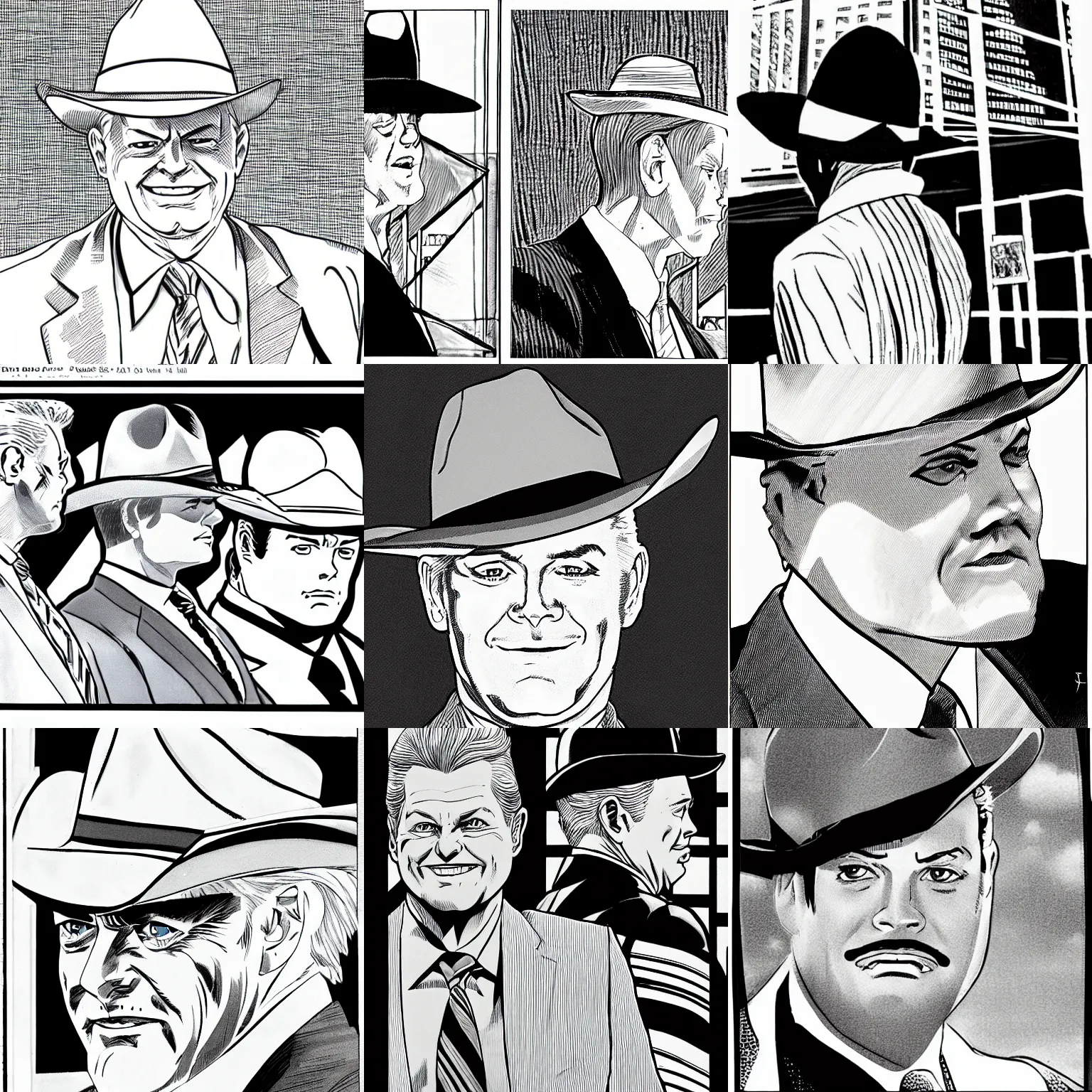 Prompt: jr ewing from dallas, as seen from behind, as a manga panel, black and white, manga scans